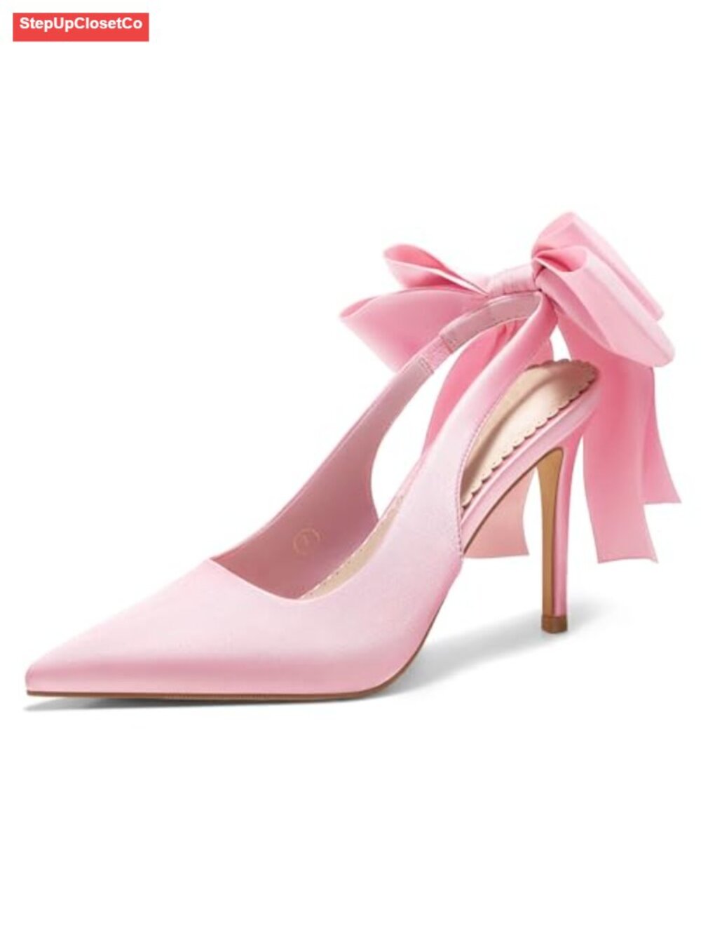 Satin Slingback Pumps with Bow Closed Pointed Toe Stiletto Heels Bridal Dress